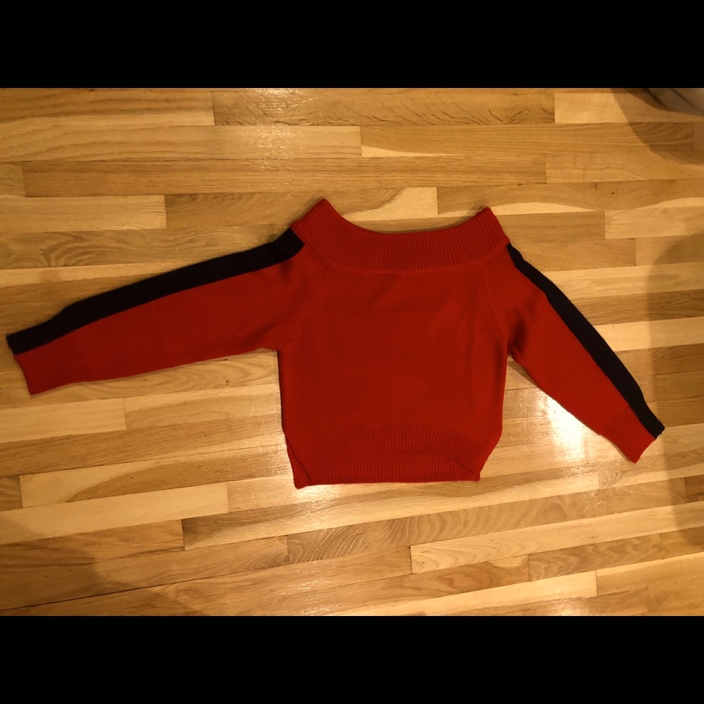 Red Sweater with Black striped sleeves